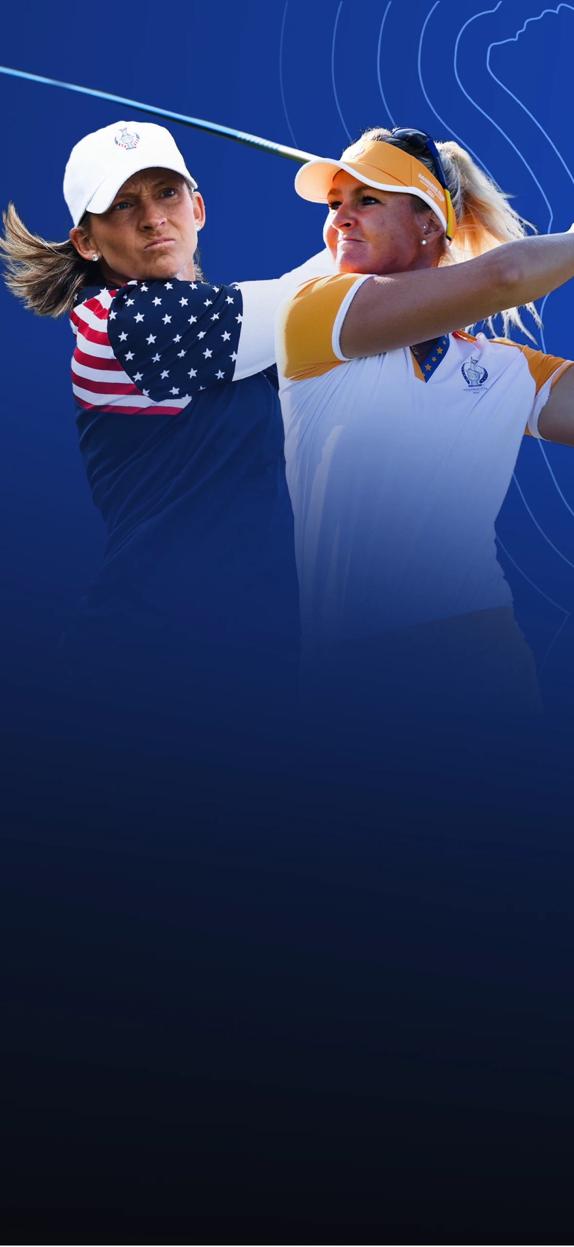 Two female golfers wearing caps and distinct team uniforms in mid-swing, set against a blue background with abstract lines.
