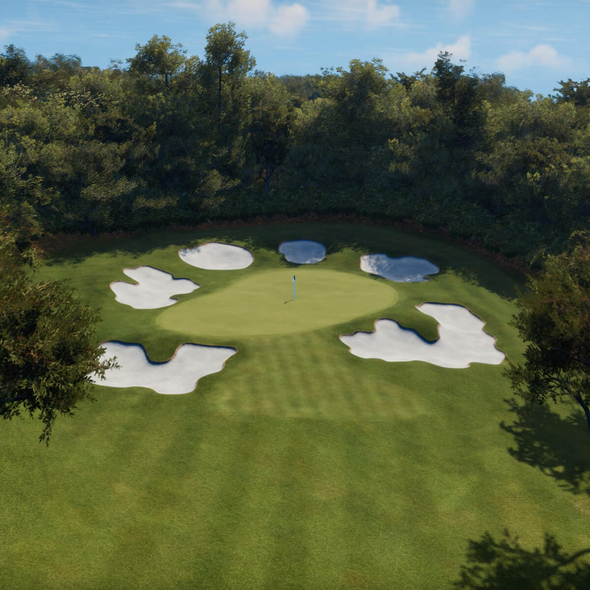 Aerial view of a golf green hole No. 6 at Real Club Valderrama surrounded by five sand bunkers, Trackman Virtual Golf under a clear blue sky.