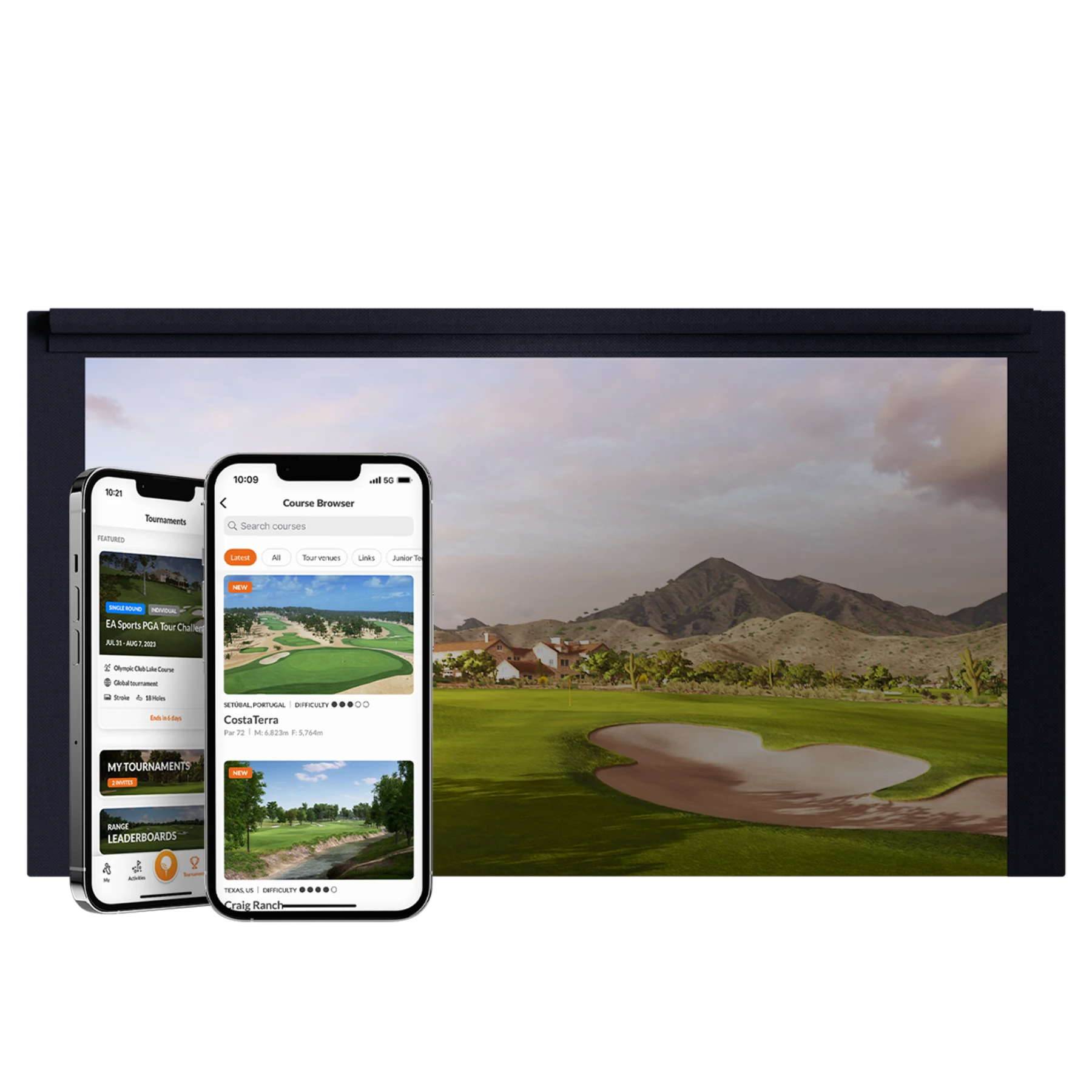 Two smartphones displaying a golf app interface in front of a large screen showing a golf course landscape with mountains in the background.
