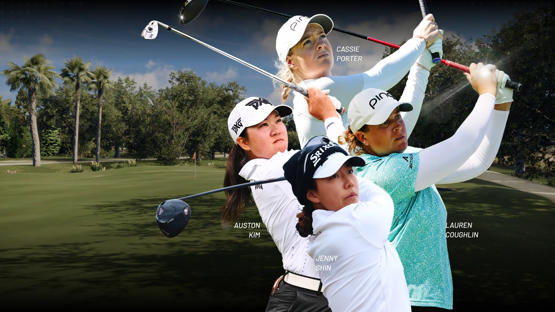 Four female golfers in mid-swing on a golf course, each wearing caps and golf attire, with a backdrop of trees and a grassy fairway.