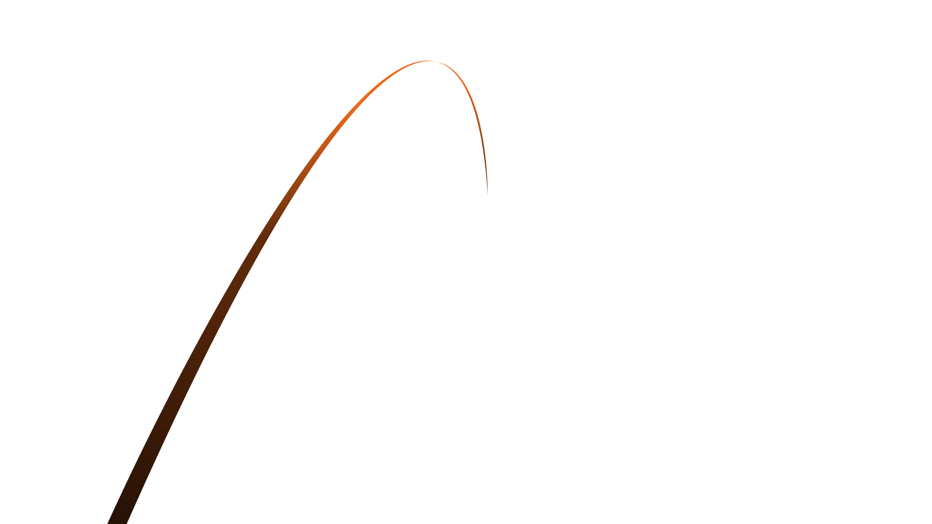 A thin, curved, orange-brown line arcs against a black background, resembling a trajectory or motion path.