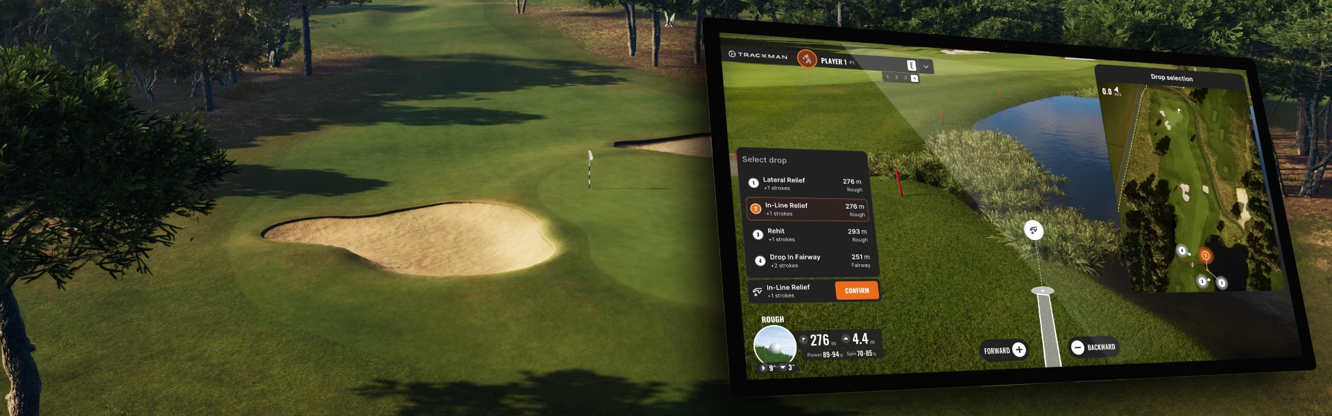A virtual golf course with a sand bunker and trees, featuring an overlay of TrackMan's golf analytics and drop selection interface.