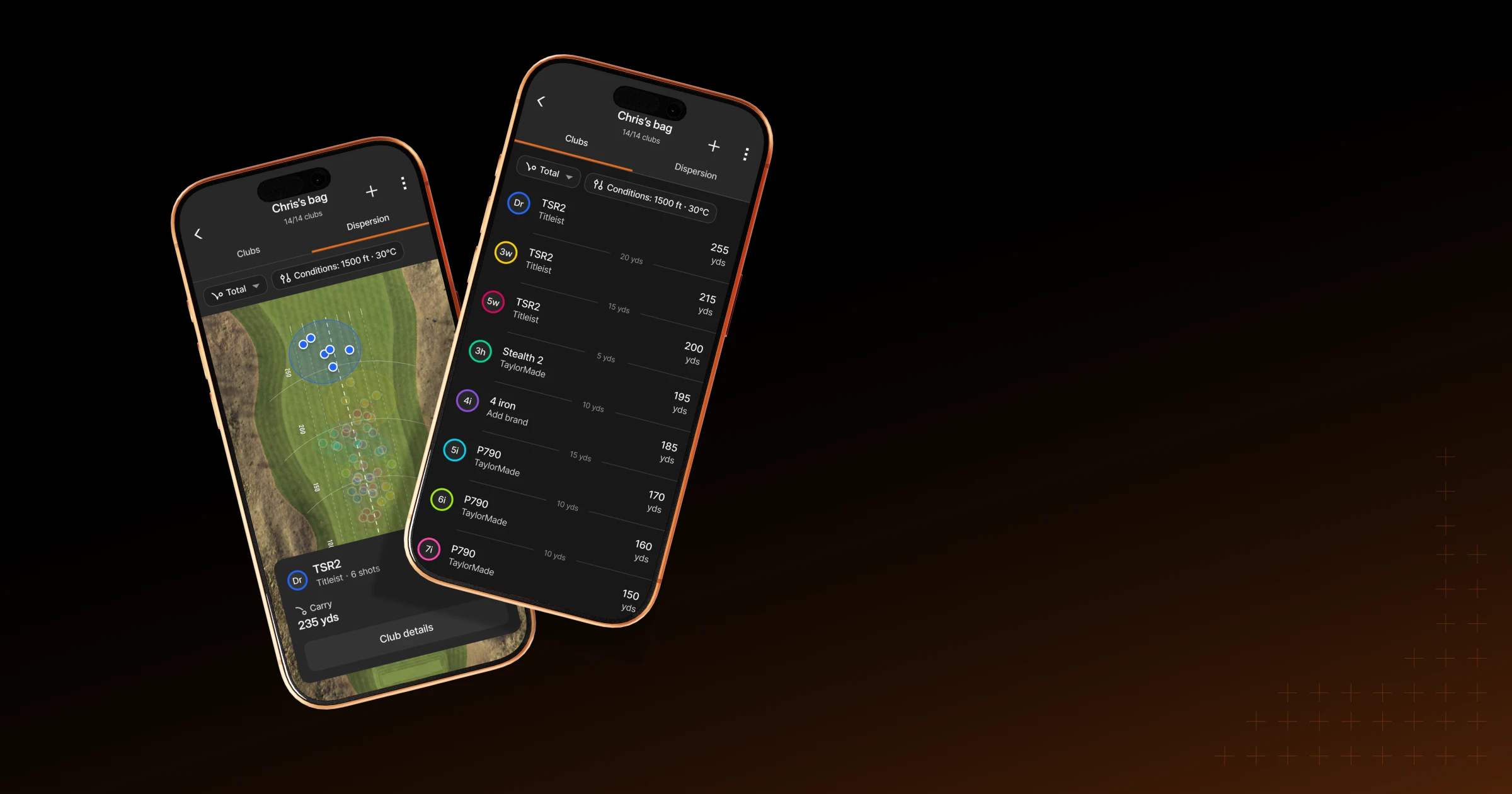 Two smartphones display a golf app interface showing club selection, distances, and a course map on a dark gradient background.