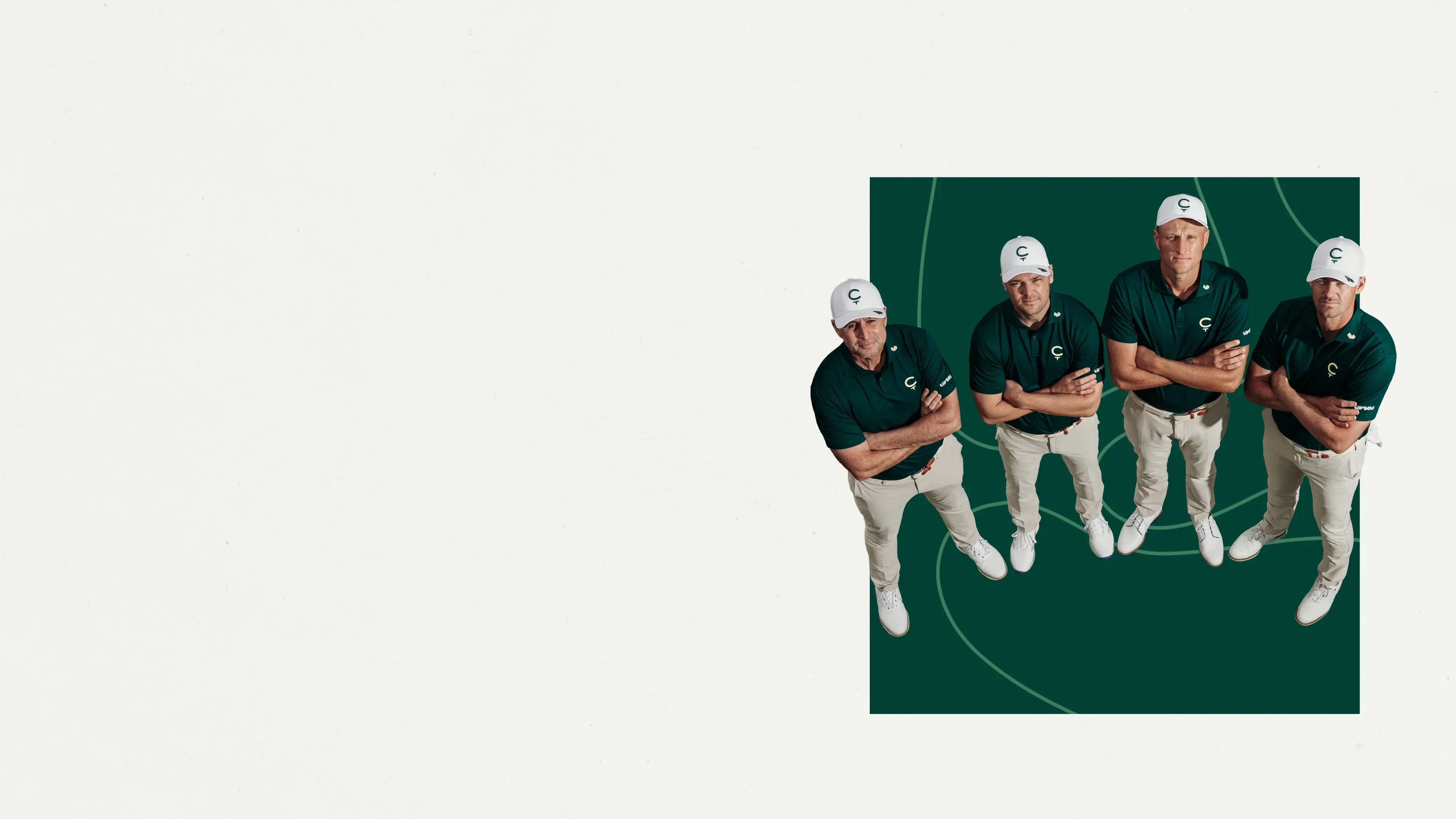Four men in matching green shirts and white caps, standing with crossed arms on a green patterned background.