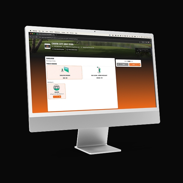 Computer monitor displaying Trackman Booking and Payments golf club website interface
