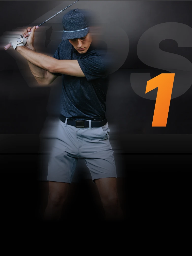 Man in a dark cap and shirt, preparing to swing a golf club. Motion blur effect, large orange number "1" on right side.