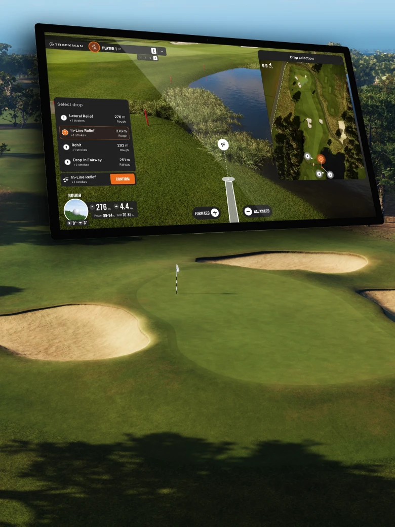 A digital golf simulation screen displays a course with options for lateral relief and shot information, set against a real course backdrop.