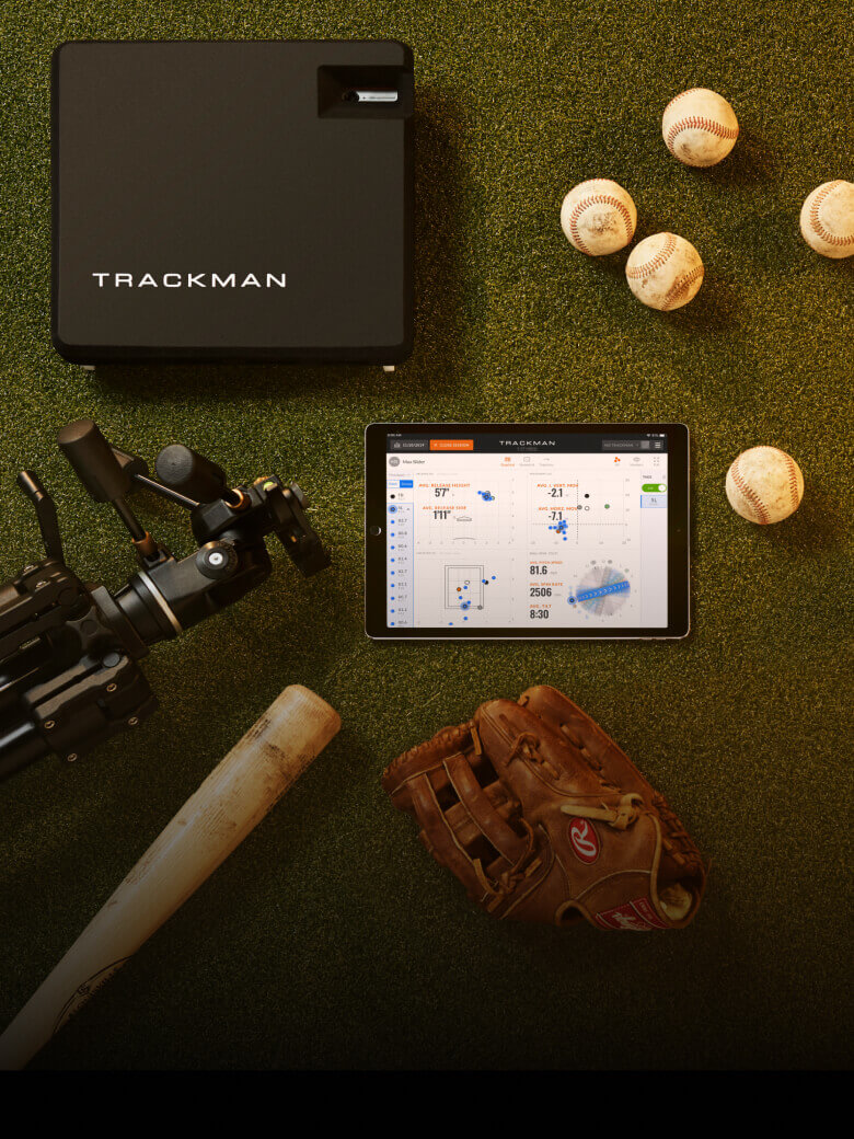 Trackman Baseball equipment on grass: Trackman device, tablet displaying data, camera, wooden bat, glove, and several baseballs