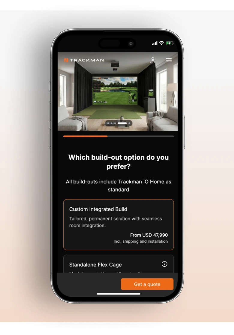 Smartphone displaying a golf simulation setup with build-out options for Trackman iO Home, including Custom Integrated Build and Flex Cage.