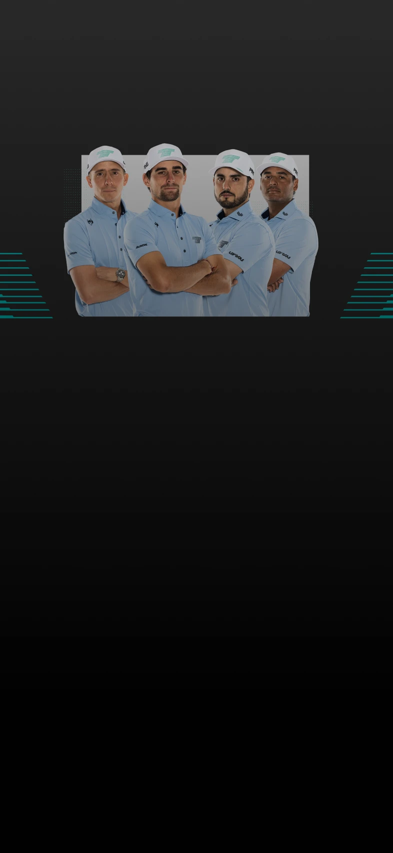 Four men in light blue golf attire stand confidently with arms crossed on a dark background, wearing white caps and looking at the camera.