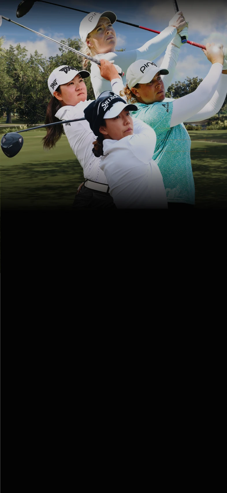 Four female golfers in action, swinging their clubs on a lush green course, wearing branded caps and shirts.