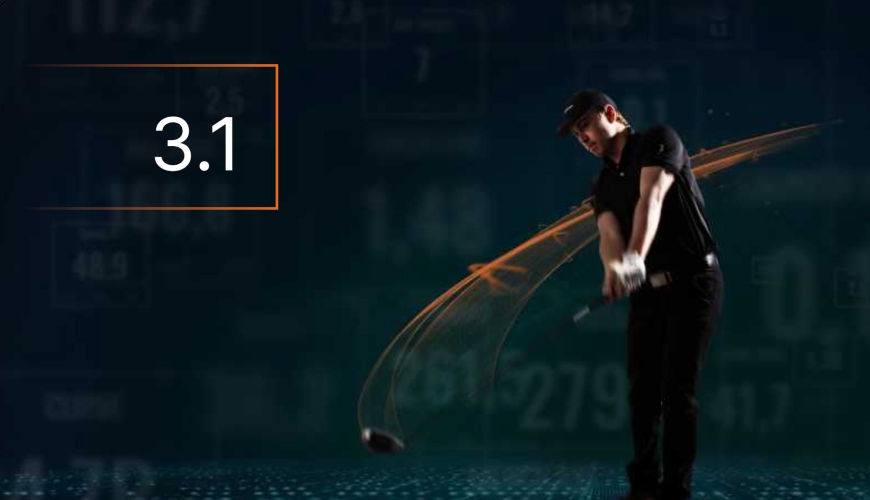 Golfer in black outfit swings a club, with motion trails. A large "3.1" shows Trackman Handicap is displayed on the left against a dark, data-filled background.