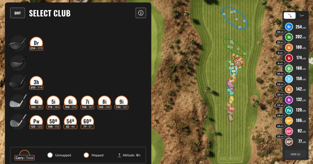 Aerial view of a golf course with a club selection menu on the left and distance markers on the right.