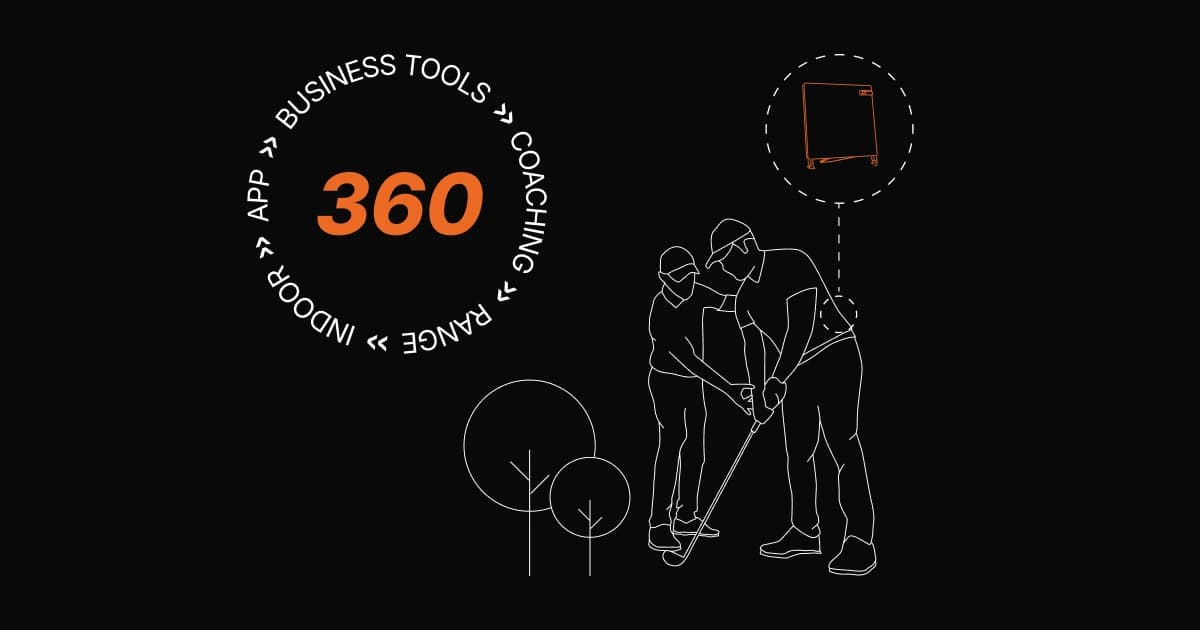 Silhouette of two people golfing with text "360" and circular phrases "Business Tools, Coaching, Range, Indoor, App" on a black background.