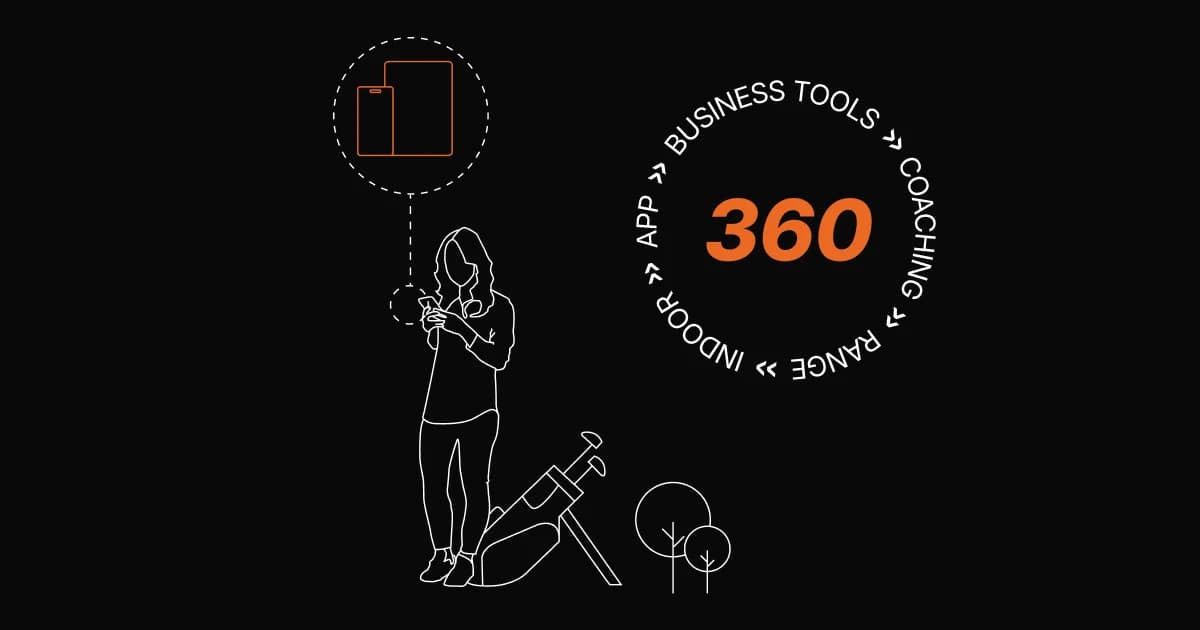 Illustration of a person using a smartphone, golf clubs, trees, and a digital device icon. "360" with words "Business Tools," "Coaching," and "App" in a circle.