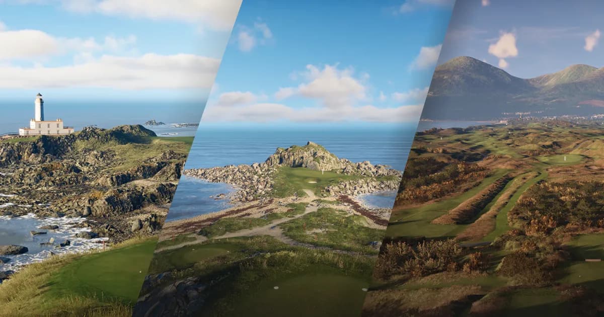 A split image of three scenic golf courses: a coastal course with a lighthouse, a rocky seaside course, and a hilly landscape under a cloudy sky.