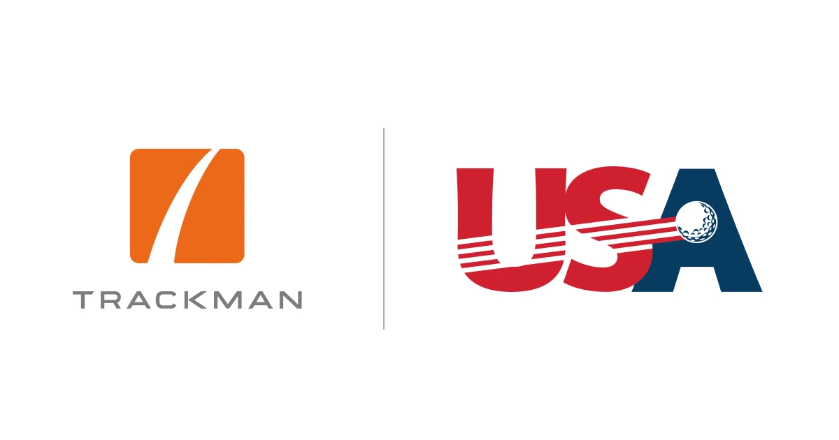 Logos of TrackMan, with an orange square and white line, and USA Golf, with "USA" in red, featuring a golf ball in the "A".