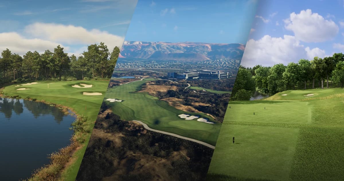 Three different golf course landscapes: left with water and trees, middle with hills and a city view, and right with open fields and forest.