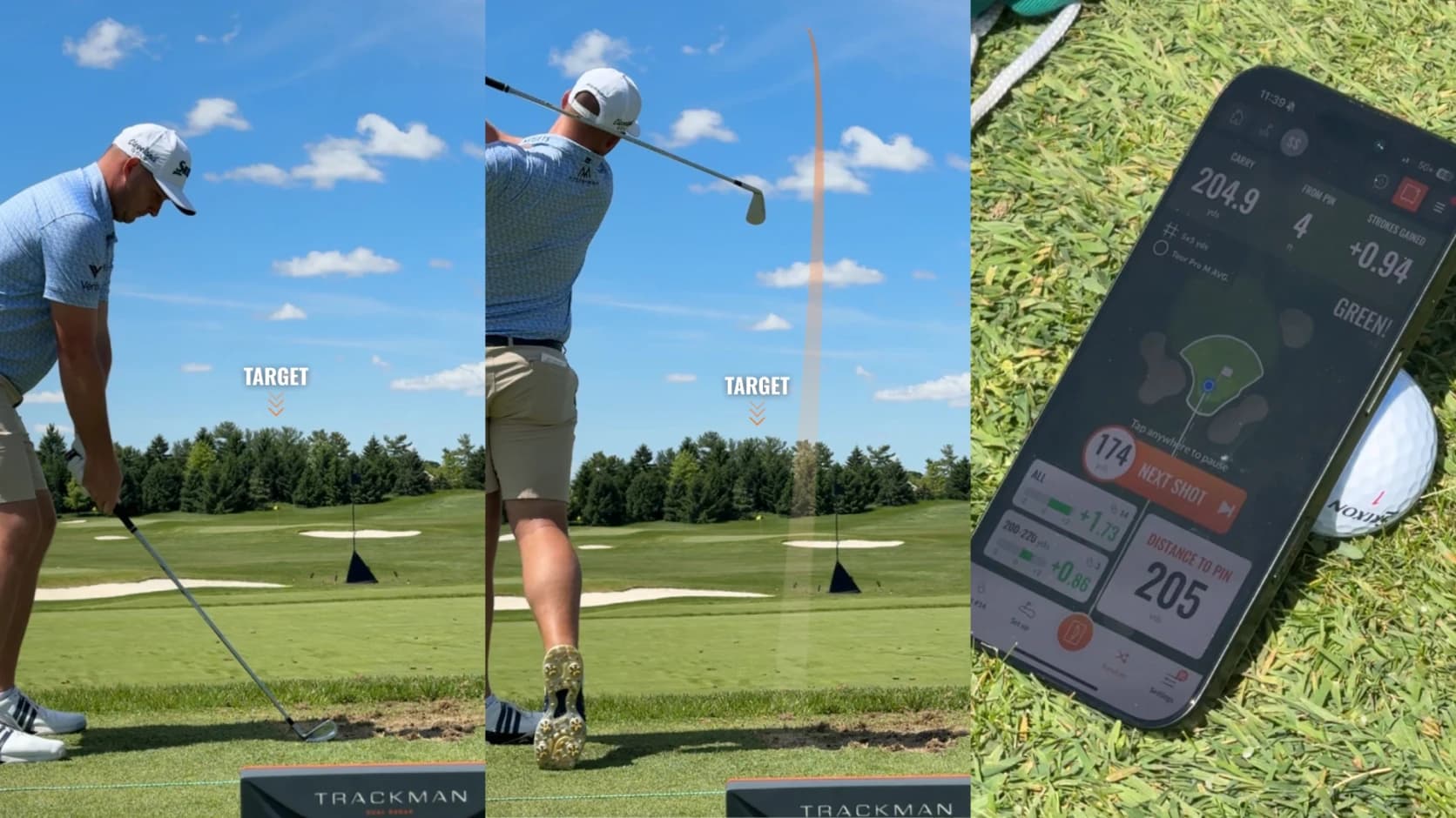 Golfer hitting a shot with a target in view and golf ball stats displayed on a smartphone on the grass.