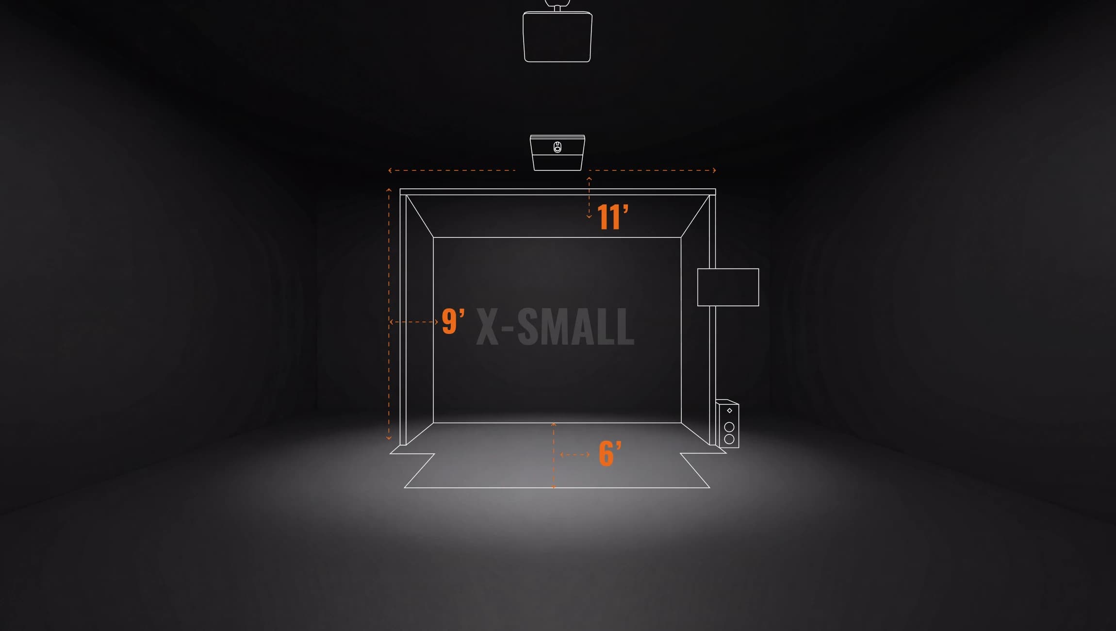 Drawing of a 3D X-Small room with dimensions 9' x 6' x 11', featuring a projector and speaker, shown against a dark background.