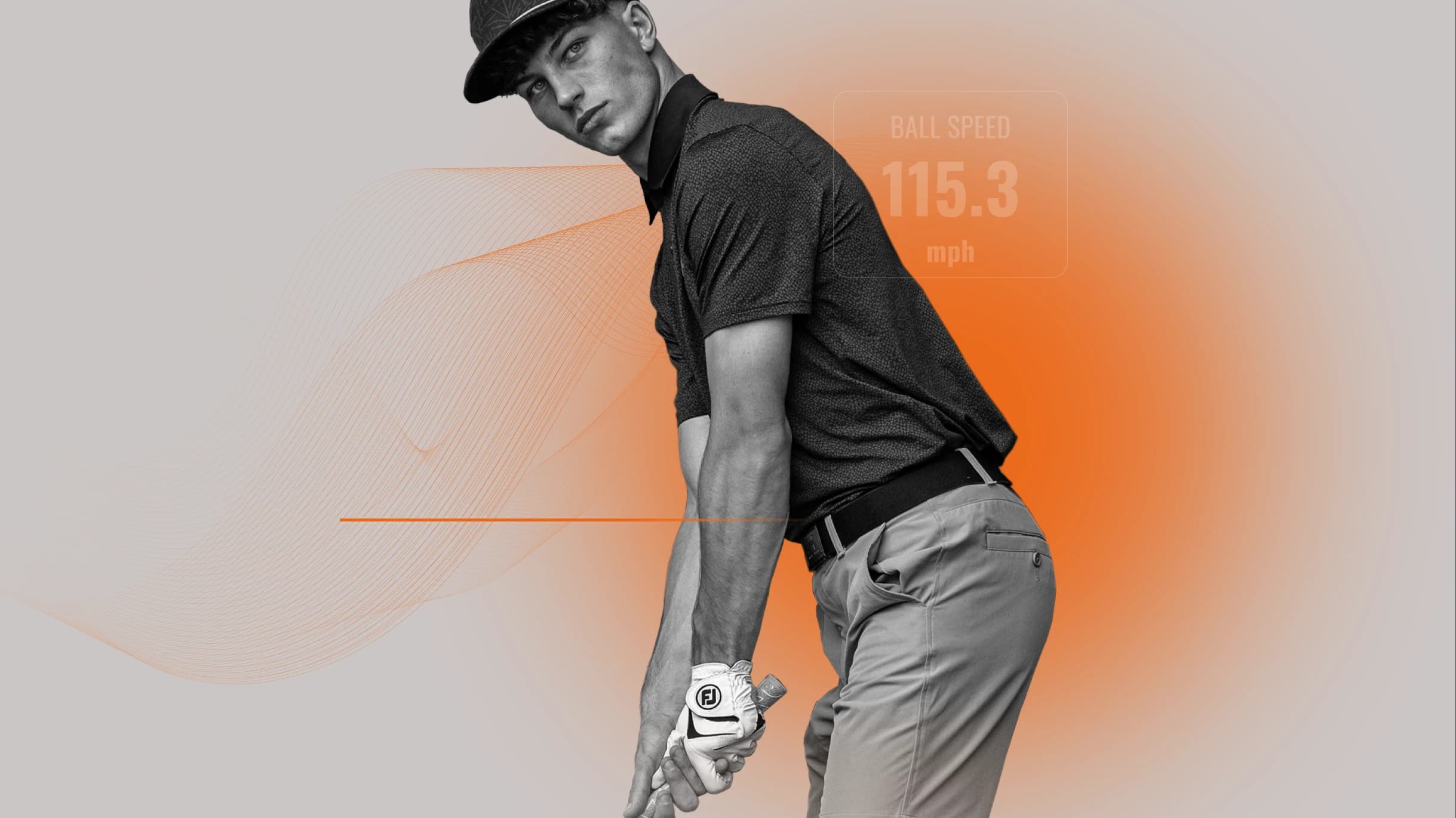 Golfer in a black cap and shirt prepares to swing, with an orange background displaying "Ball Speed 115.3 mph."