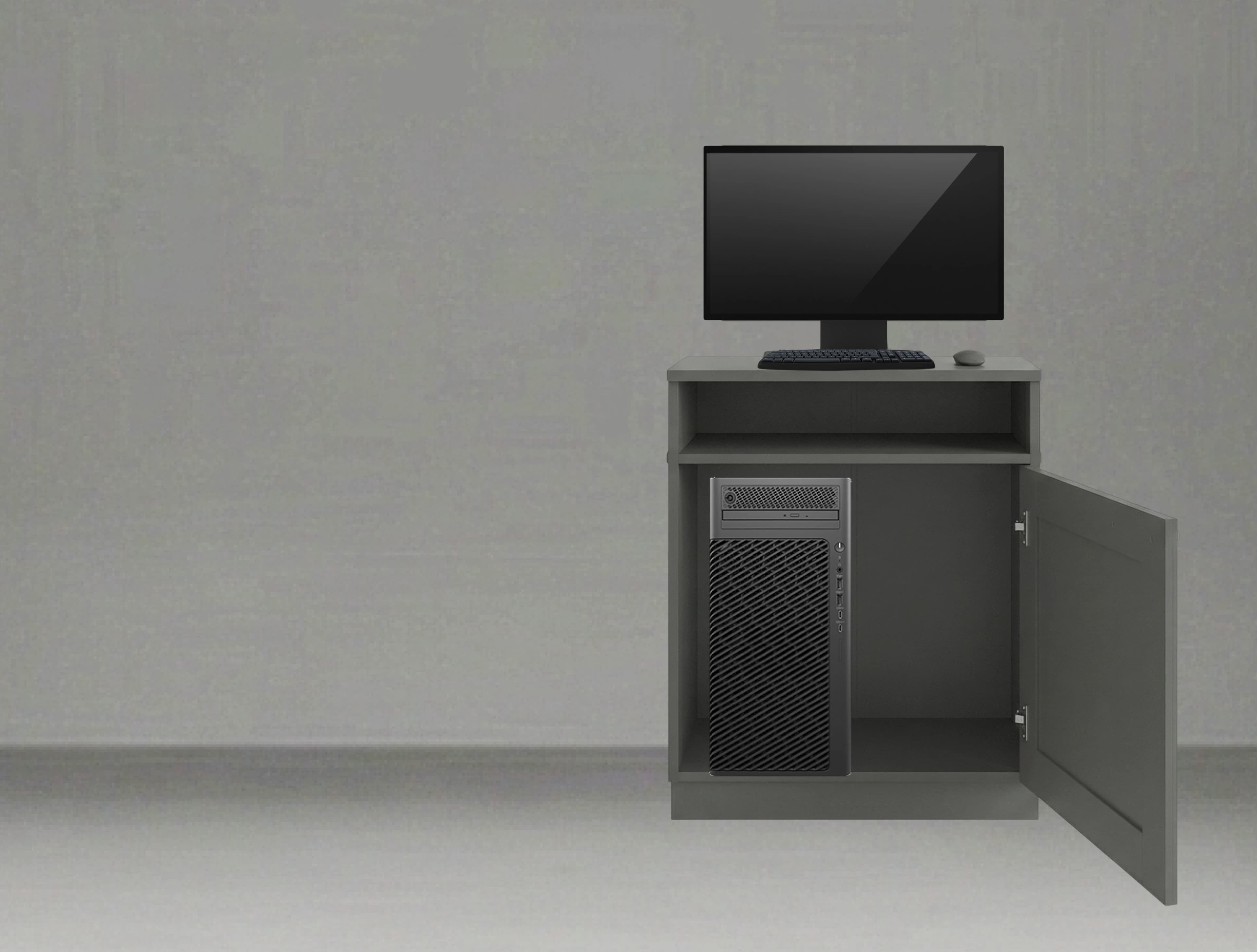 A computer station with a monitor, keyboard, and mouse on top, and a computer tower inside an open cabinet.