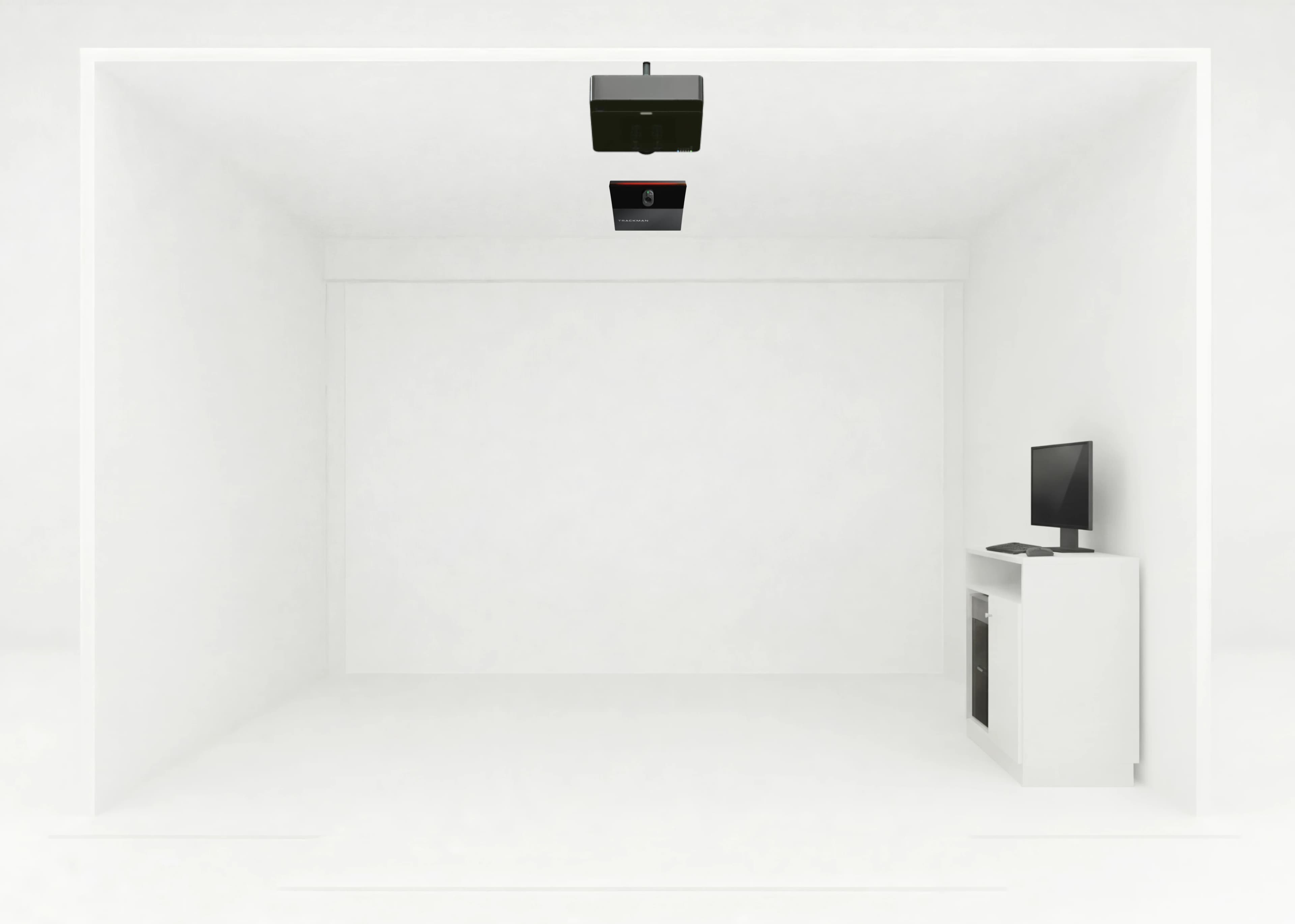 Minimalist white room with a ceiling-mounted projector and a desk holding a computer monitor on the right side.