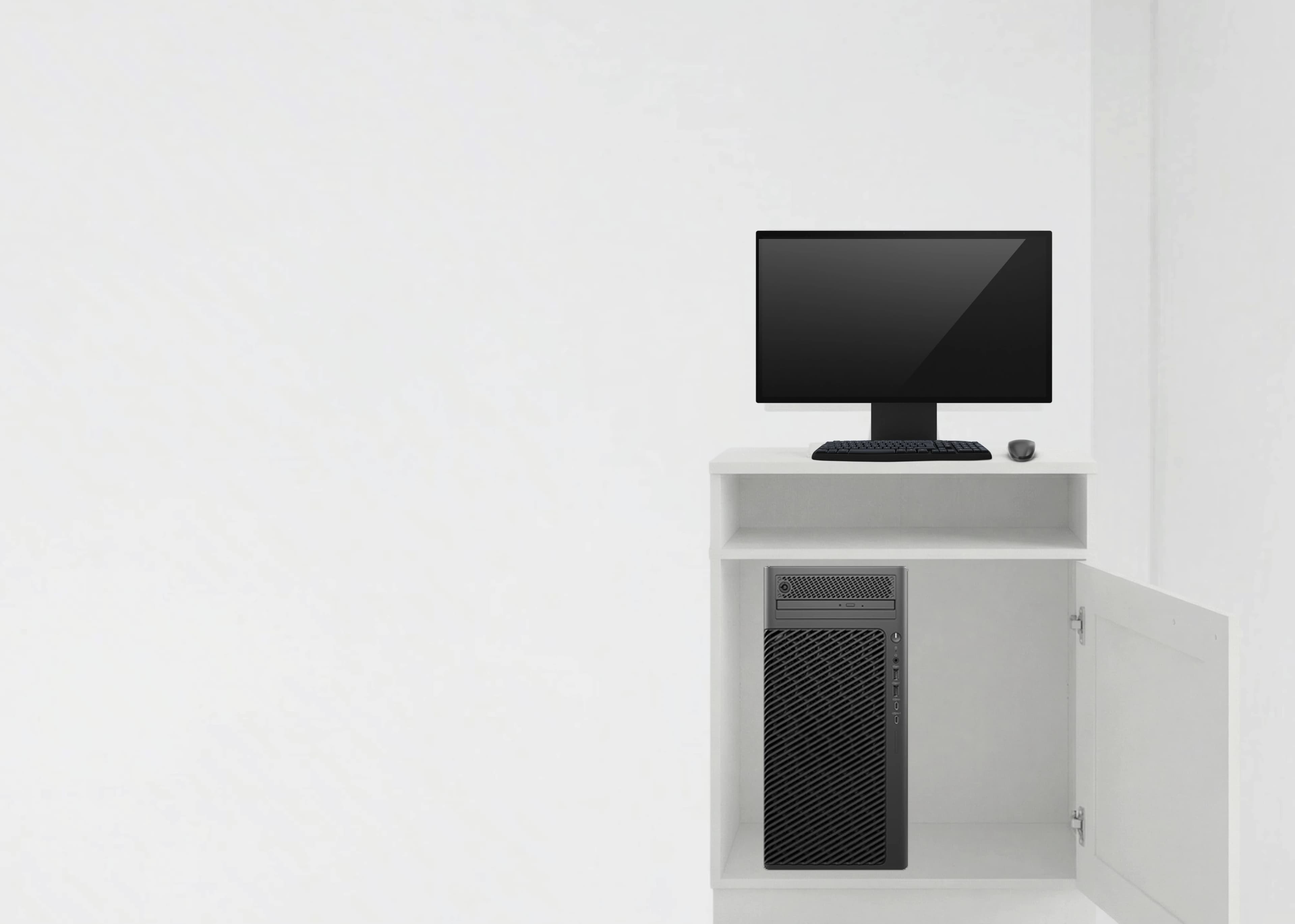 Minimalist room with a computer on a white desk. Below, a black CPU is placed inside an open cabinet.