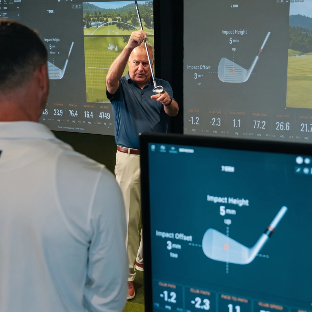 A man in a golf simulation room demonstrating a golf club angle with data and virtual golf screens in the background.