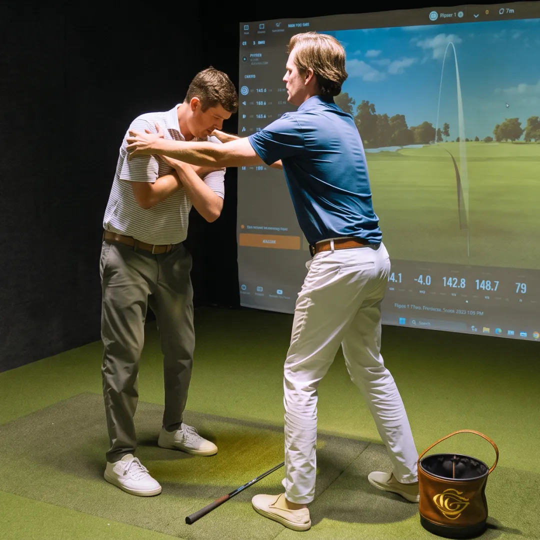 Two men in a golf simulator room, one wearing a blue shirt guiding the other in a golf swing posture. A golf club and bag are on the floor.