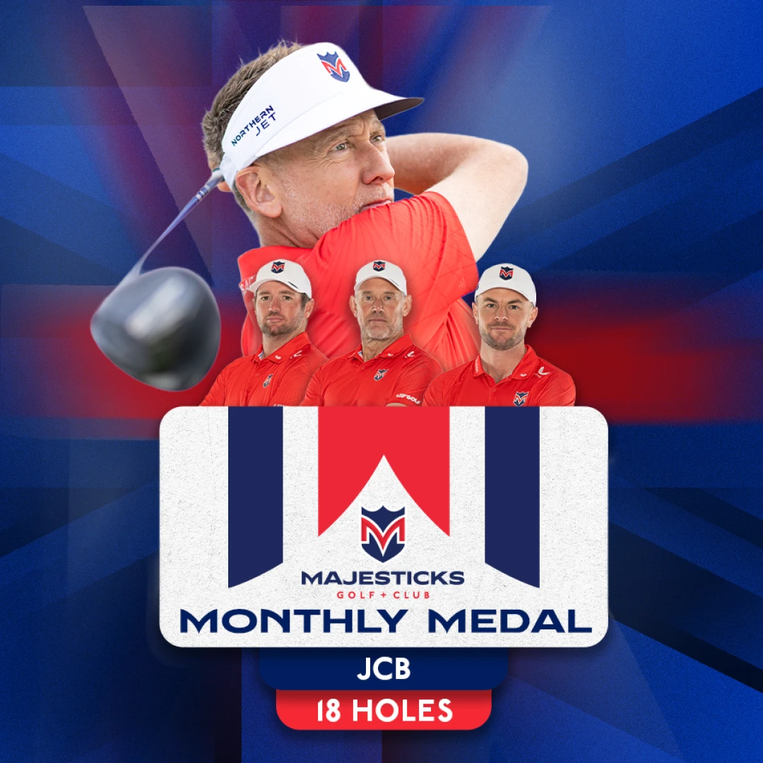 Golfers in red shirts and caps from Majesticks Golf Club appear with text "Monthly Medal JCB 18 Holes" against a blue and red background.