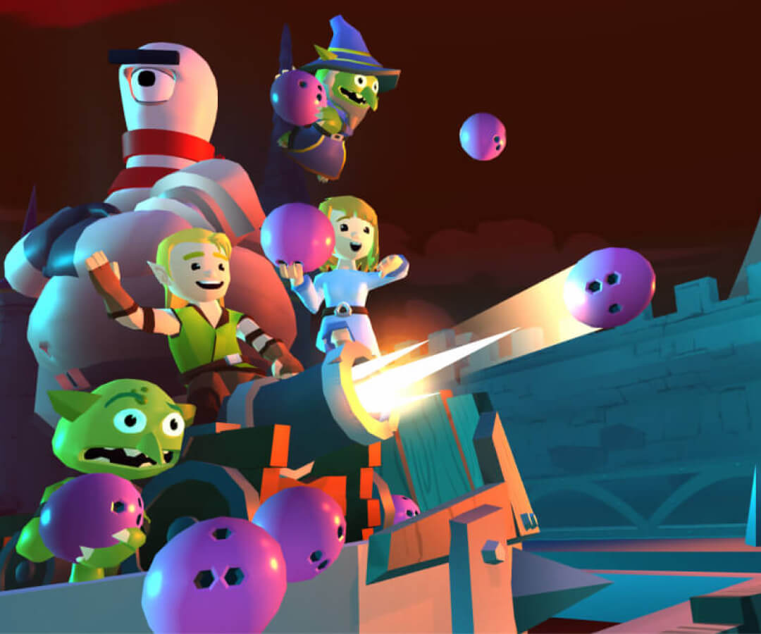 Animated characters joyfully launch bowling balls from a cannon in a Trackman Cannon Bowl virtual golf game
