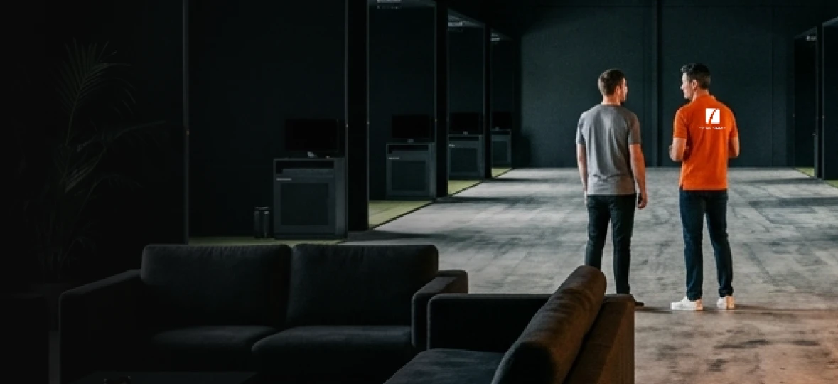 Two people stand in a spacious, dimly lit room with dark furniture and rows of monitors in the background, engaged in conversation.