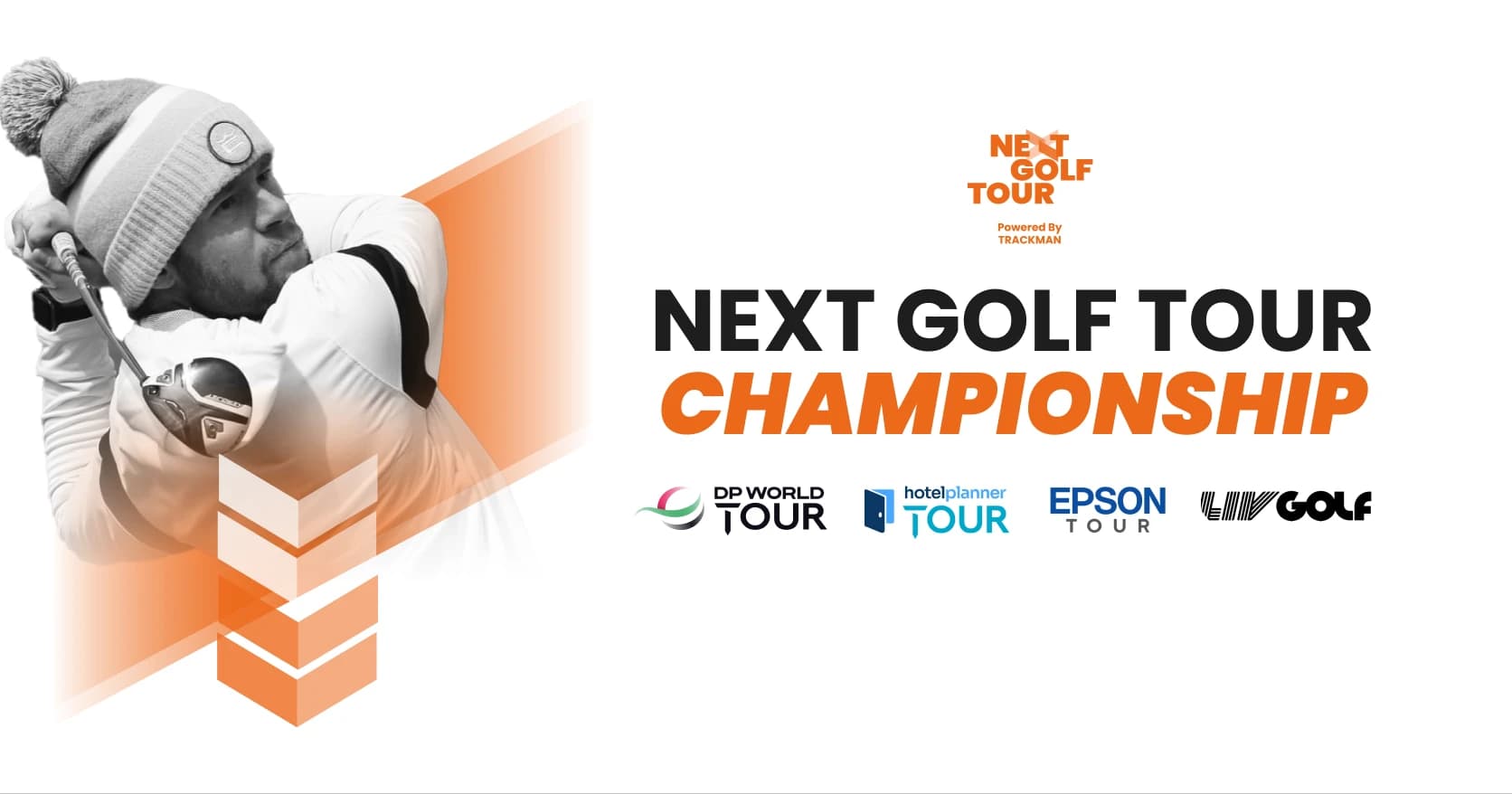 Golfer in mid-swing next to "Next Golf Tour Championship" text, with logos for DP World Tour, Challenge Tour, and others below.
