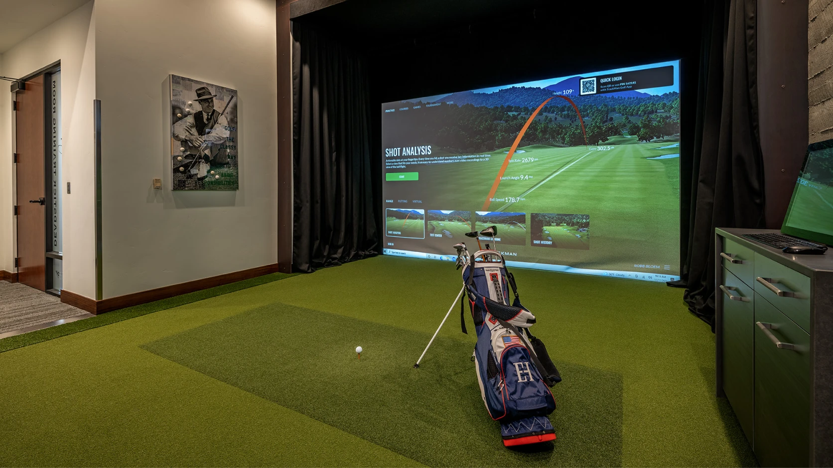 Indoor golf simulator showing shot analysis on a screen, with a golf bag and ball on green turf, adjacent to a vintage golf photo.