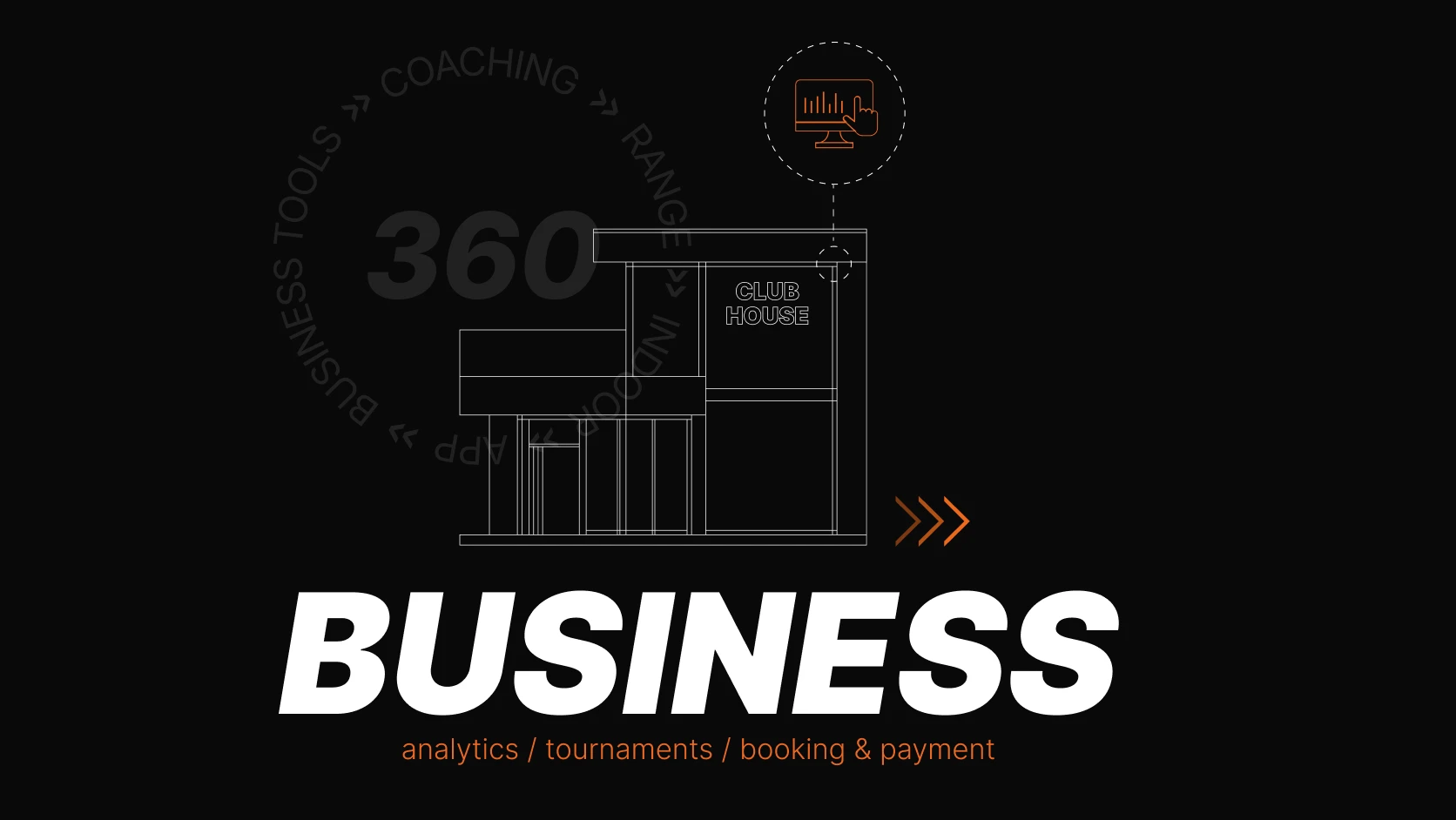 Illustration of a clubhouse with "Business" text, highlighting analytics, tournaments, booking, and payment on a dark background.