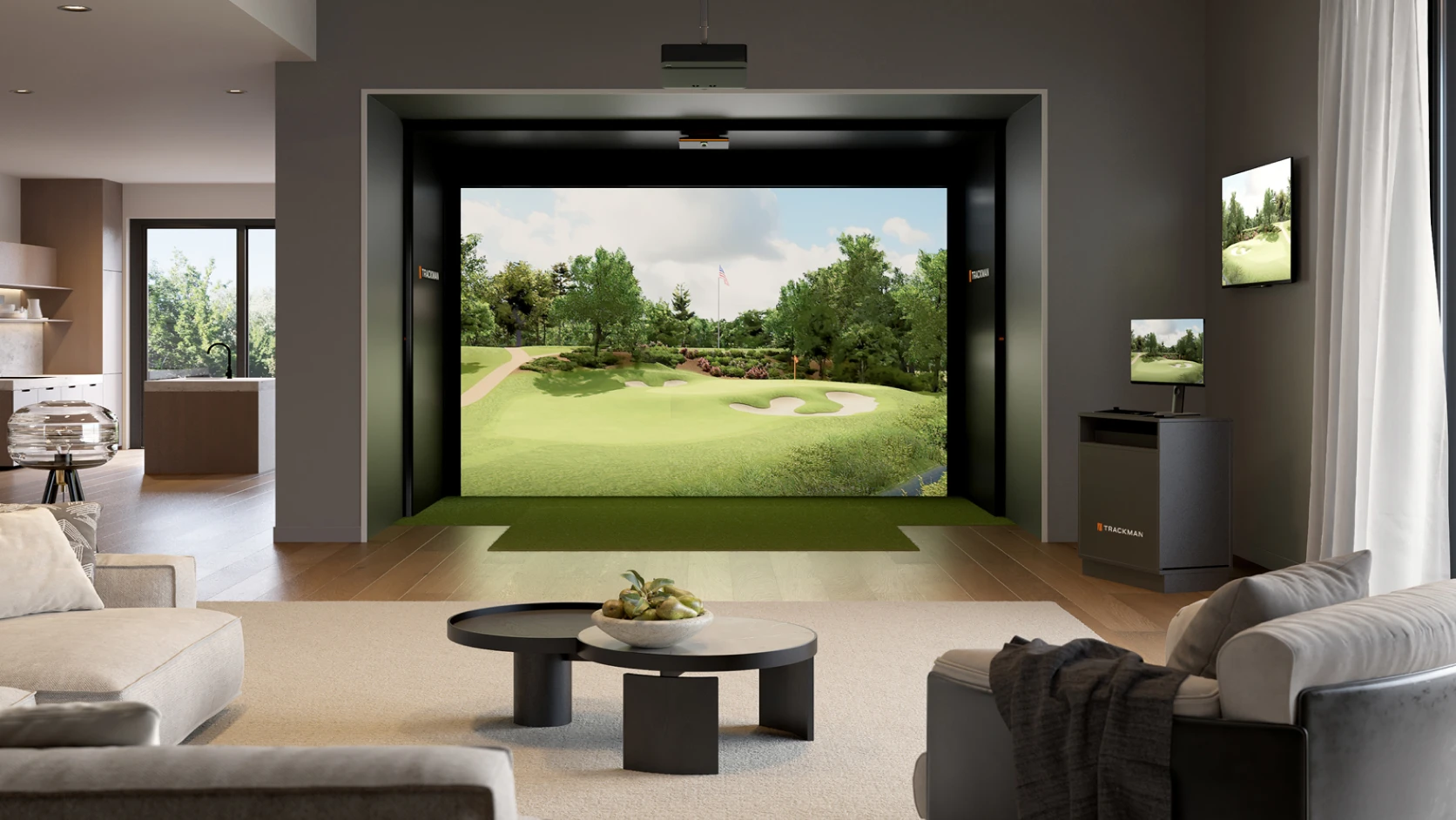 Home golf simulator setup with a large screen displaying a lush golf course, surrounded by a modern living room with beige furniture and decor.