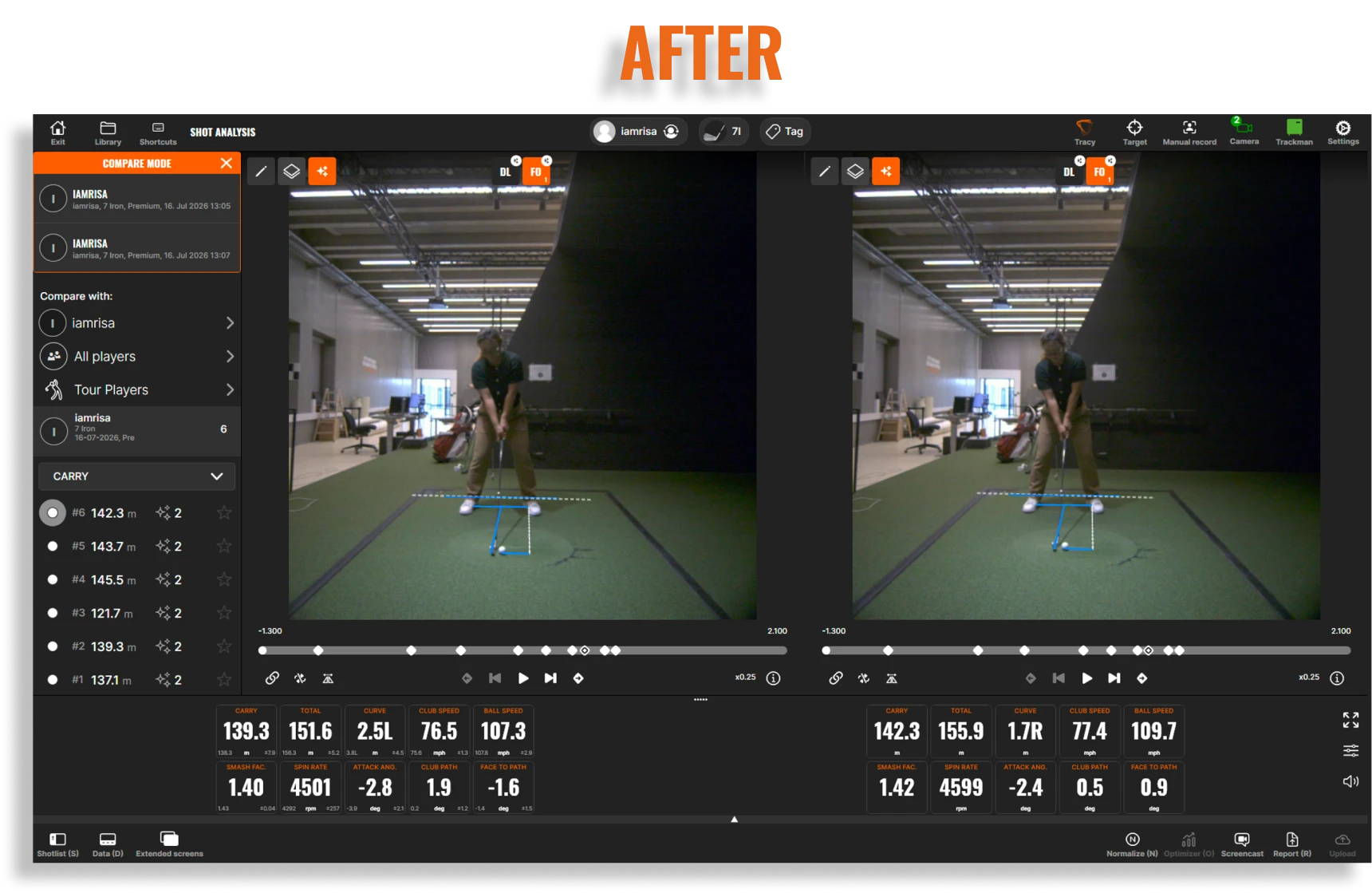 A golfer preparing to swing in an indoor facility, with statistical performance data displayed on the screen.