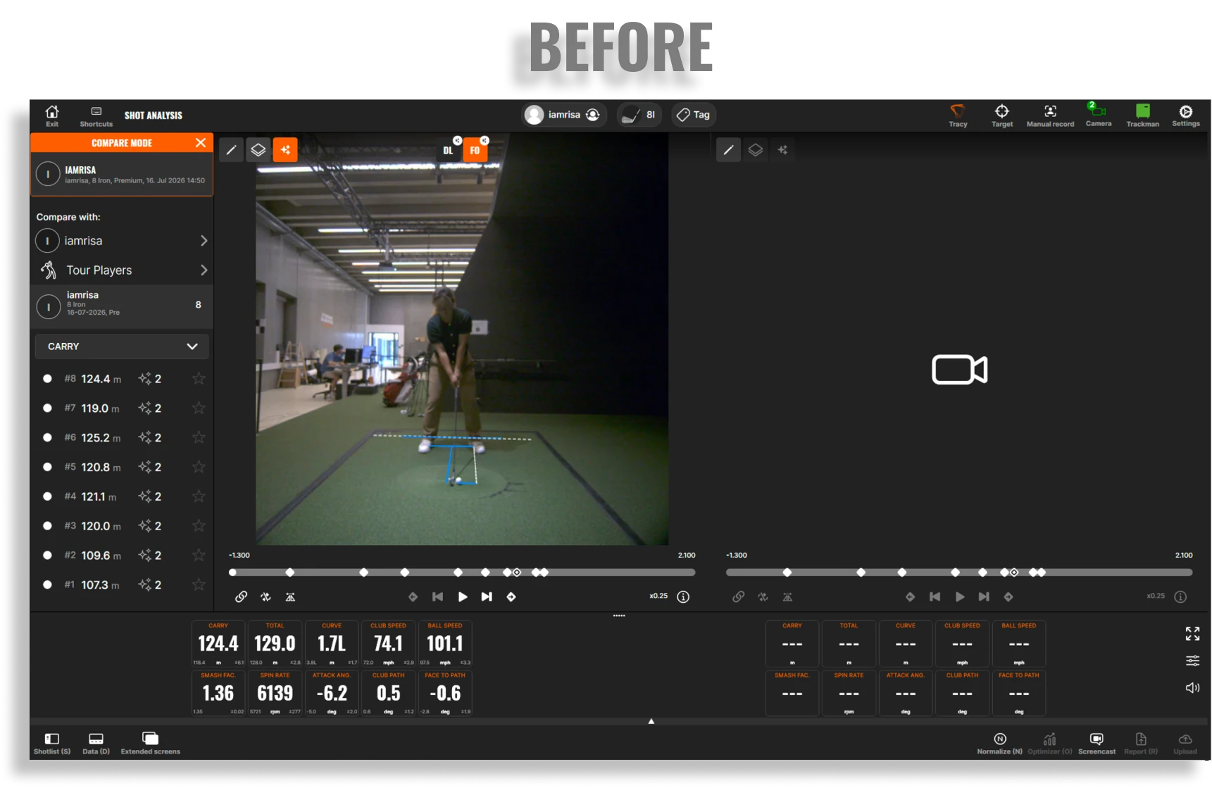 Golf swing analysis software showing a person preparing to swing indoors, with performance metrics displayed on the screen.