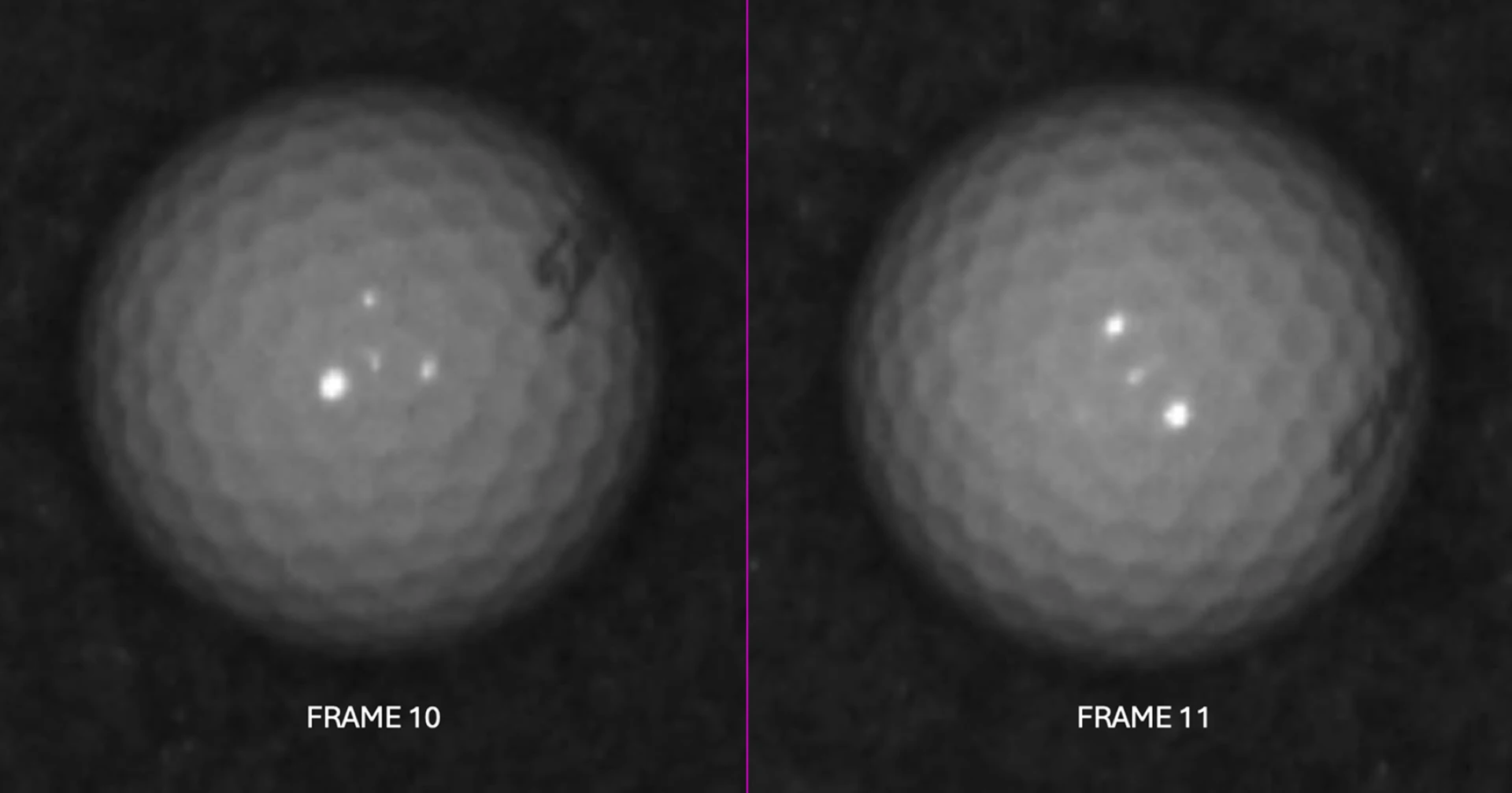Two black and white frames labeled 10 and 11 show a spherical object with a bumpy surface and bright spots.