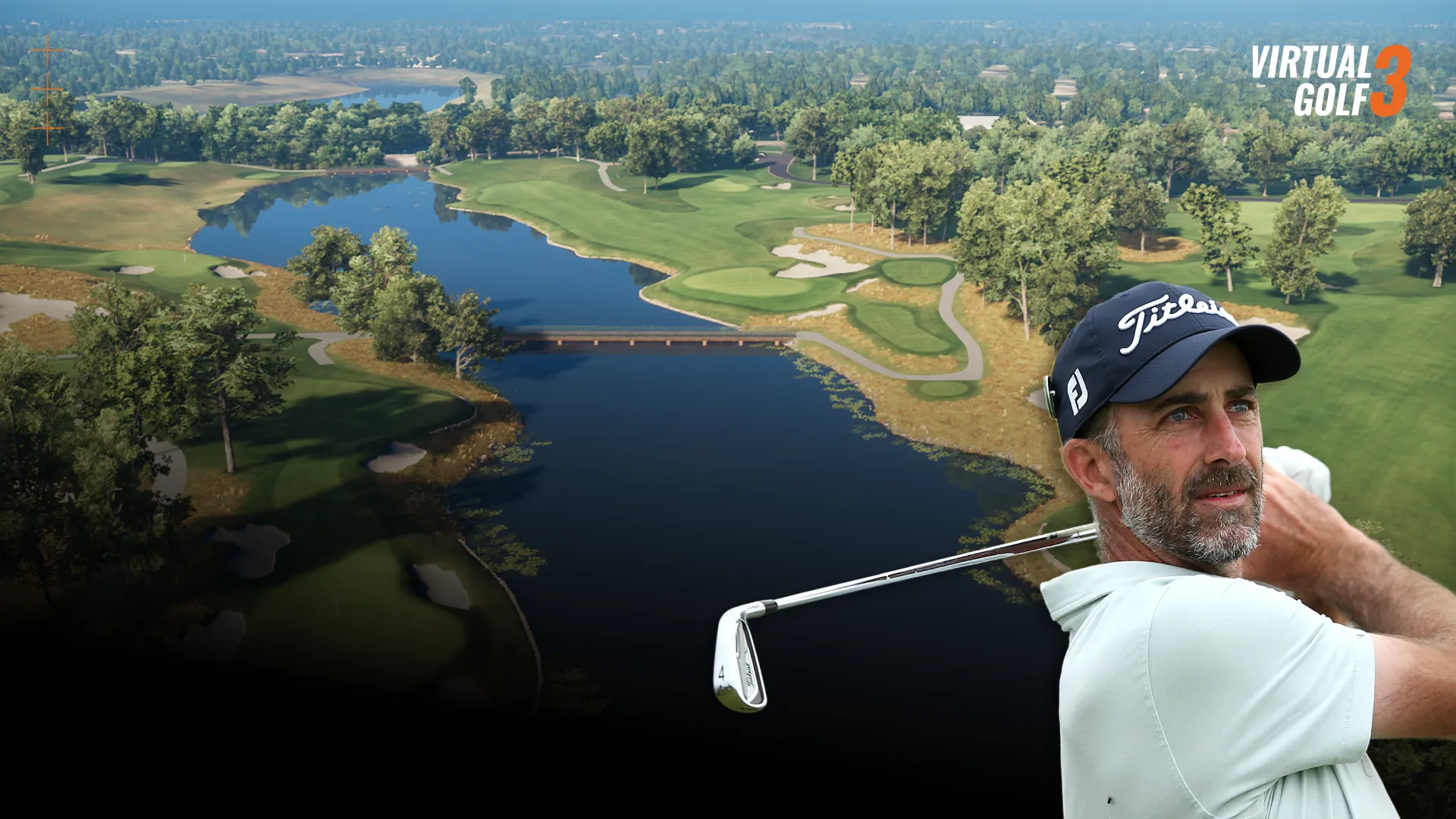 Golfer in a cap swings a club with a scenic golf course featuring water hazards and lush greenery in the background, labeled "Virtual Golf 3" top right.