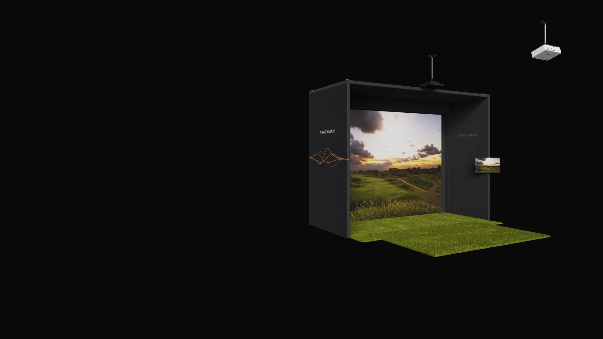 A virtual golf simulator with a large screen displaying a scenic landscape, enclosed in a dark booth with artificial grass flooring.