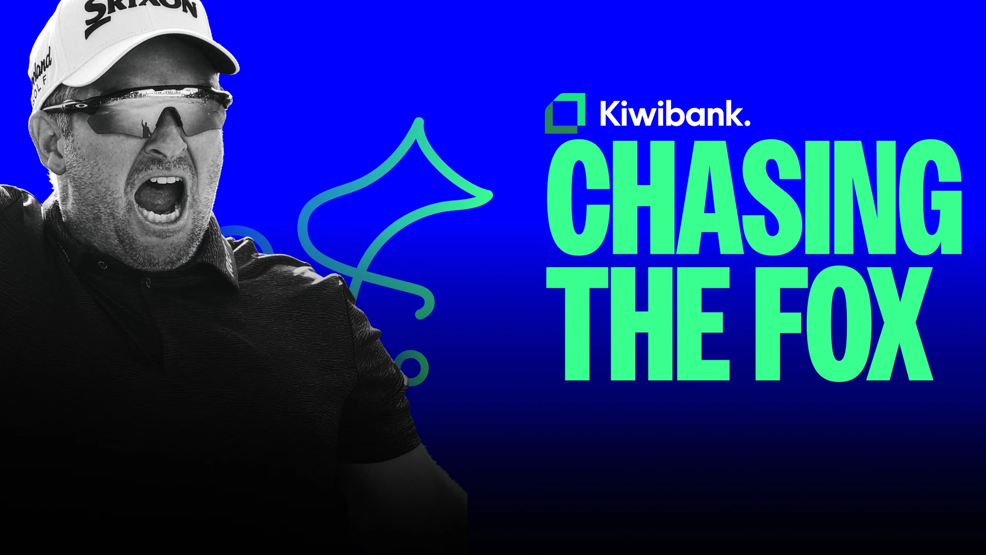 Golfer celebrating with sunglasses and cap, accompanied by large text "Chasing the Fox" and a Kiwibank logo on a blue background.