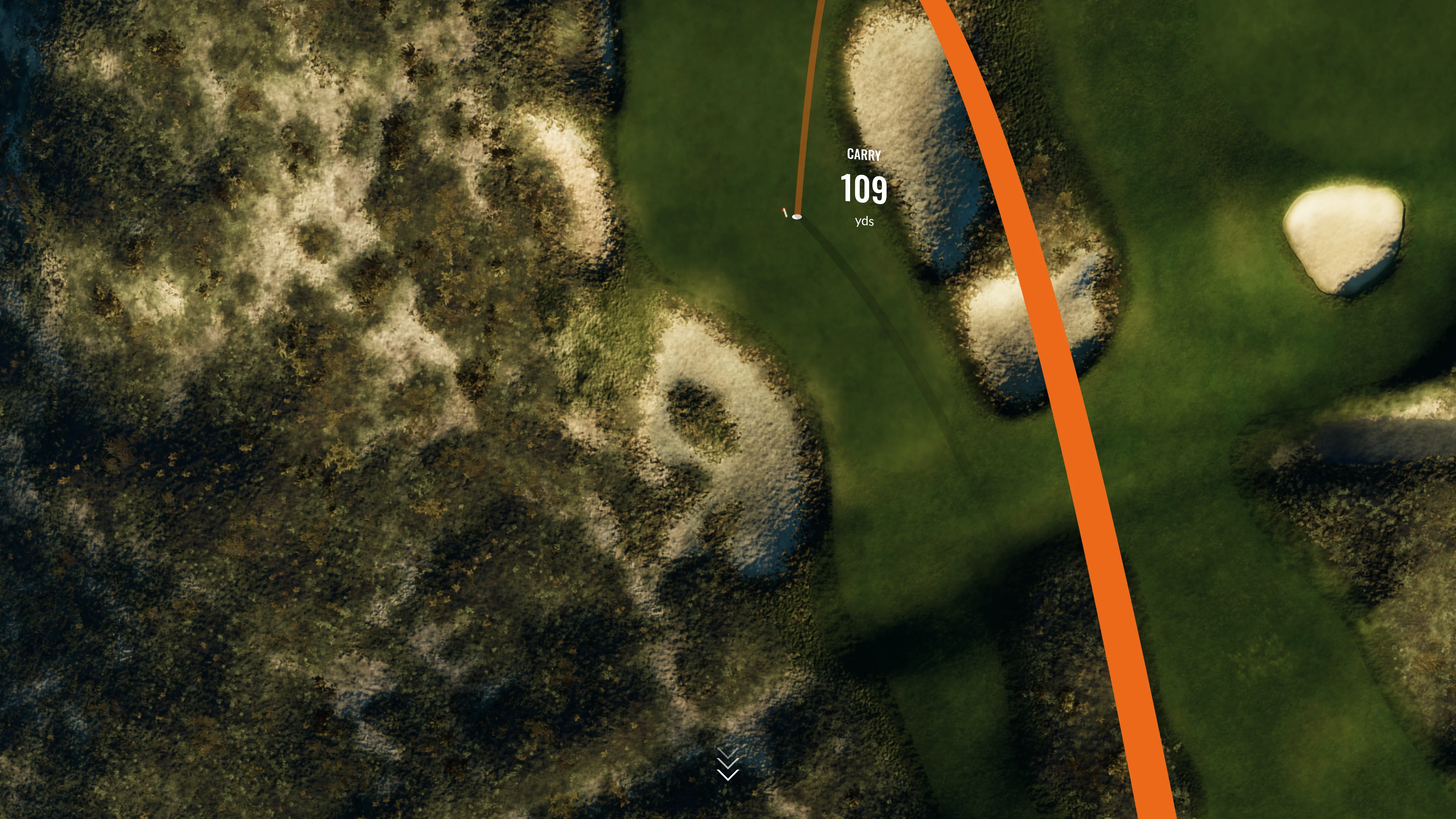 Golf course aerial view showing an orange trajectory line with a carry of 109 yards, green fairways, and sand traps.