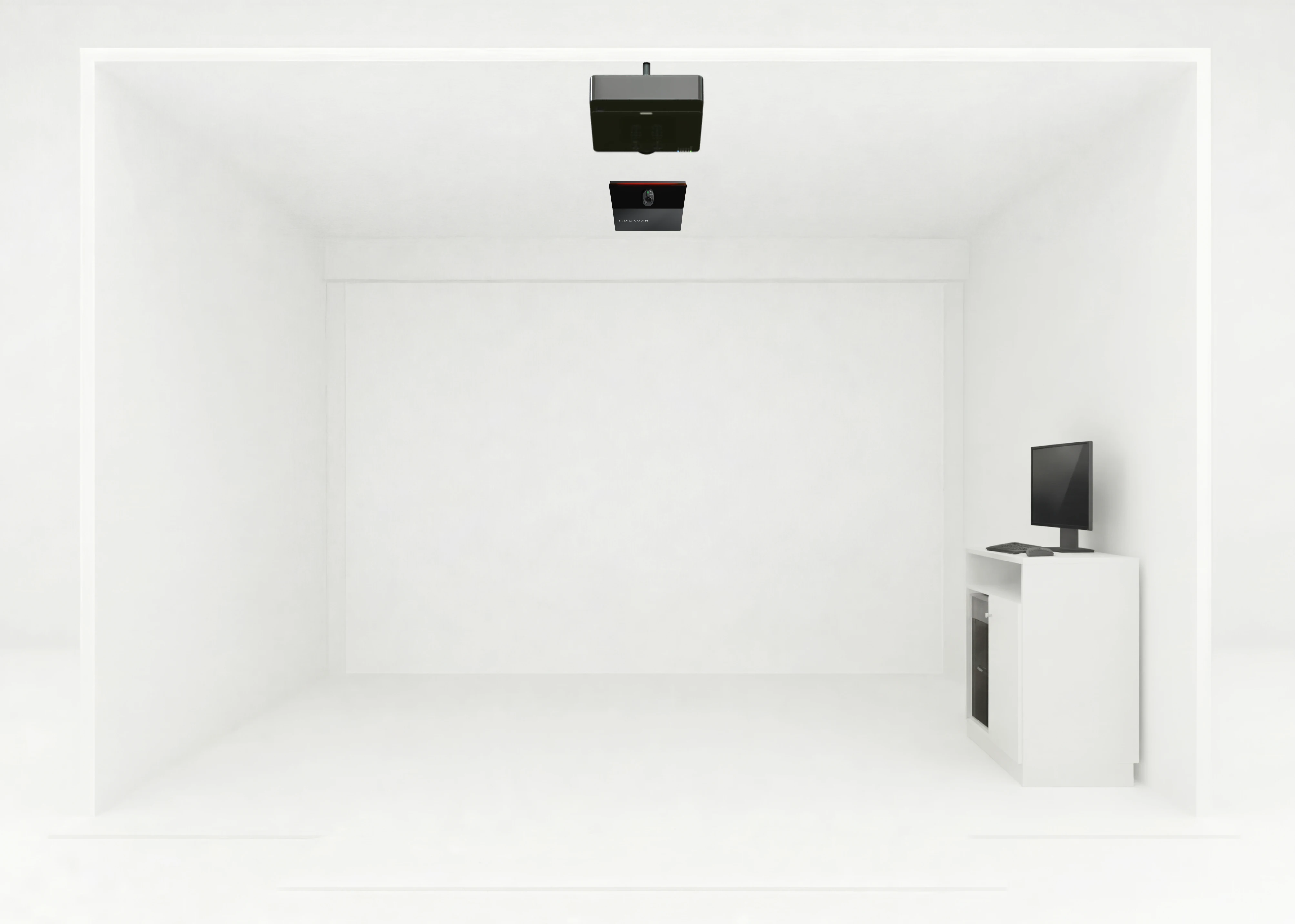 Minimalist white room with a ceiling-mounted projector and a desk holding a computer monitor on the right side.