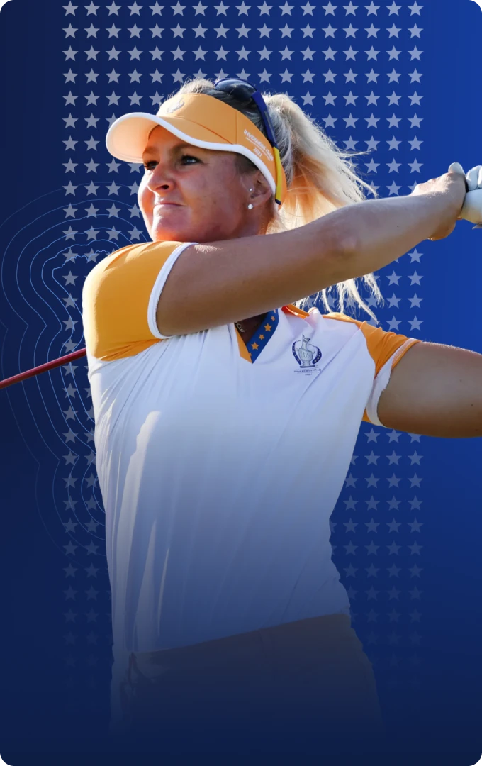 Golfer in a white and orange outfit with a visor swings a club against a blue star-patterned background.