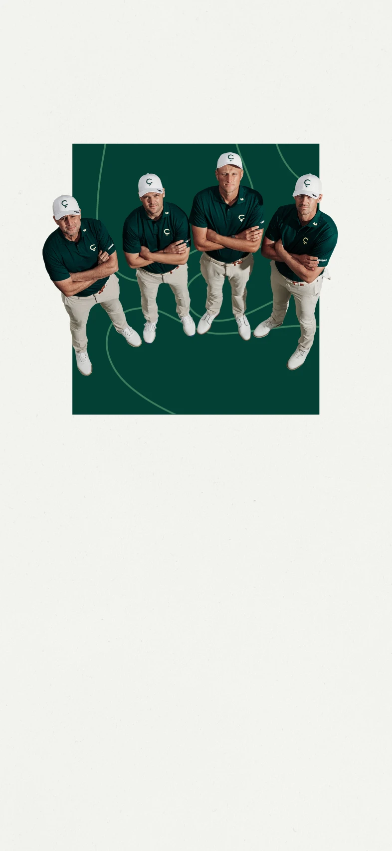 Four men in green shirts and white caps stand with arms crossed on a green background, viewed from above.