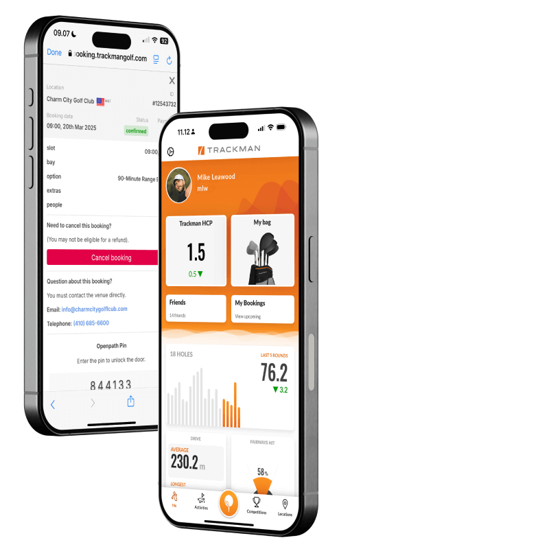 Two smartphones display the Trackman Golf app showing booking information and stats